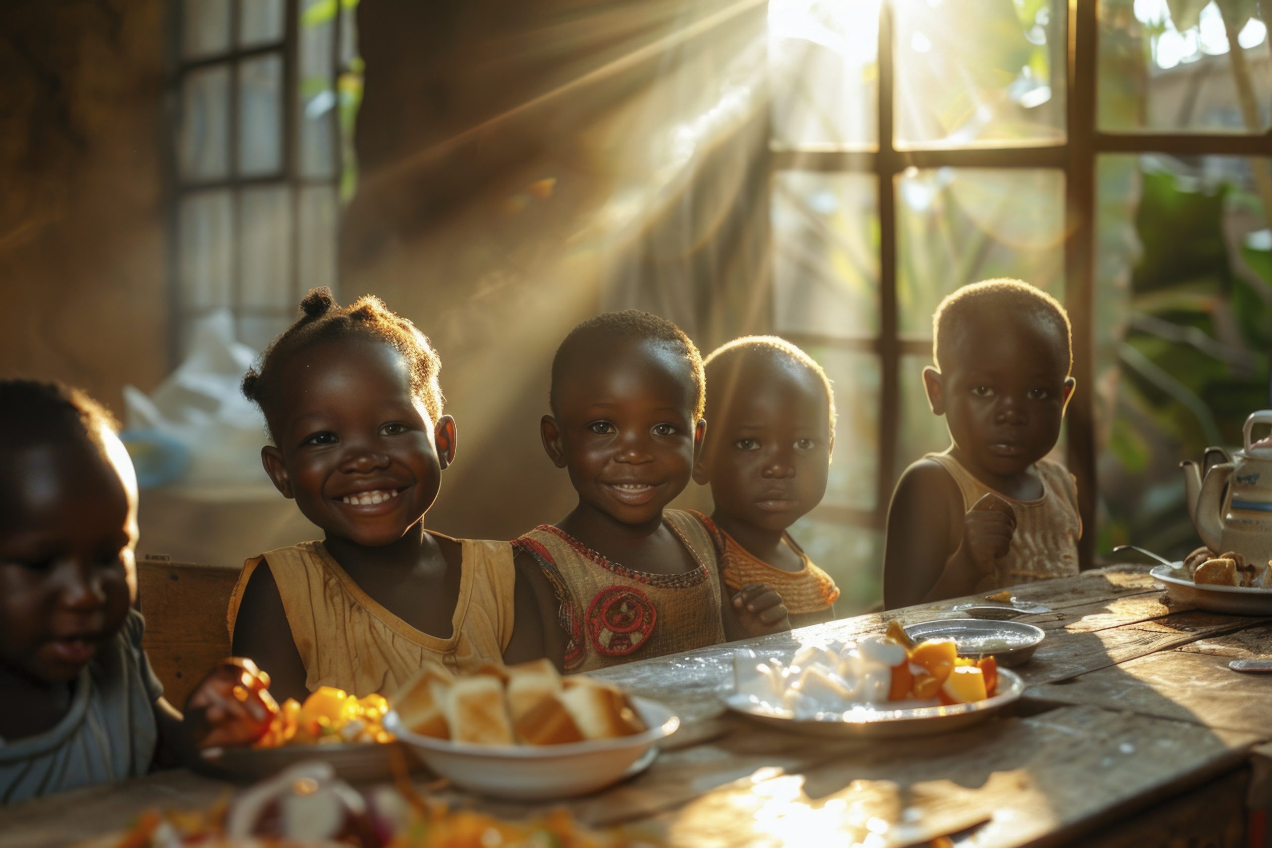 happy African children gathered around the family table, their faces illuminated by the soft morning light streaming through the window. They chat and laugh as they enjoy a nutritious breakfast together, the warmth of their familial bonds filling the room with love and happiness. shot on kodak detailed, soft natural lighting, portrait photography, magical photography, dramatic lighting, photo realism, ultra-detailed, portrait composition, Leica 50mm, f1. 4 --ar 3:2 --style raw --stylize 250 Job ID: 3ca33e5e-5e6e-47a0-be23-b5ef64b1acec